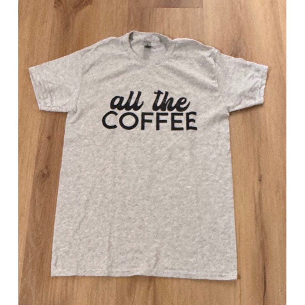 Gildan DryBlend All The Coffee Graphic T-Shirt Heather Gray Womens Small
